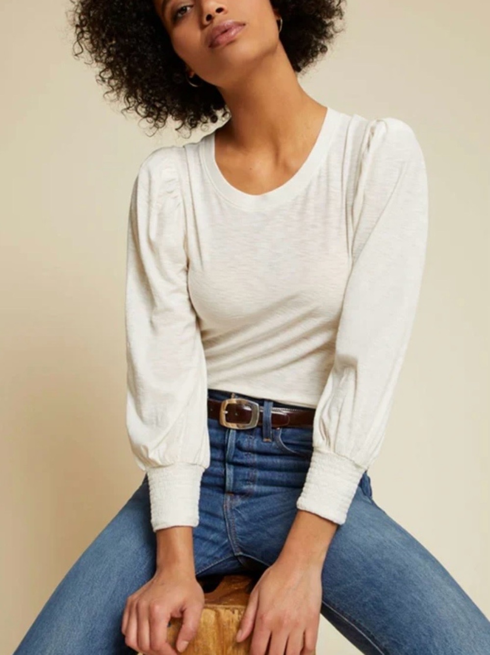 Nation LTD Loren Slub Peasant Sleeve Everyday Crewneck Top - Cream